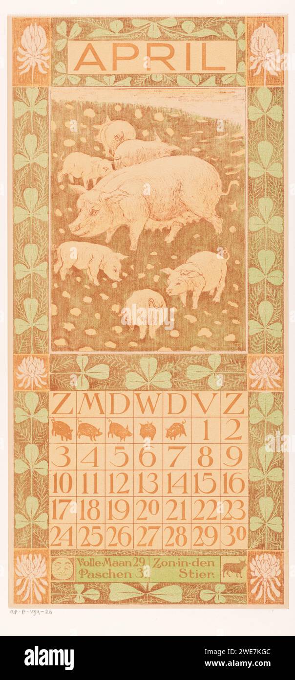 Calendar magazine April with pigs, Theo van Hoytema, 1903 print A pig and six piglets run in a meadow. In the ornamental edge Klaverblad and flowers. Under the data a full moon and the constellation bull. At the top of the leaf a crack line. Print Maker: Hilversum Printer: Amsterdampublisher: Hilversum paper  pig. piglet, suckling pig. plants and herbs: clover. full moon represented as face. Taurus (zodiacal sign of April). April  other concepts Stock Photo