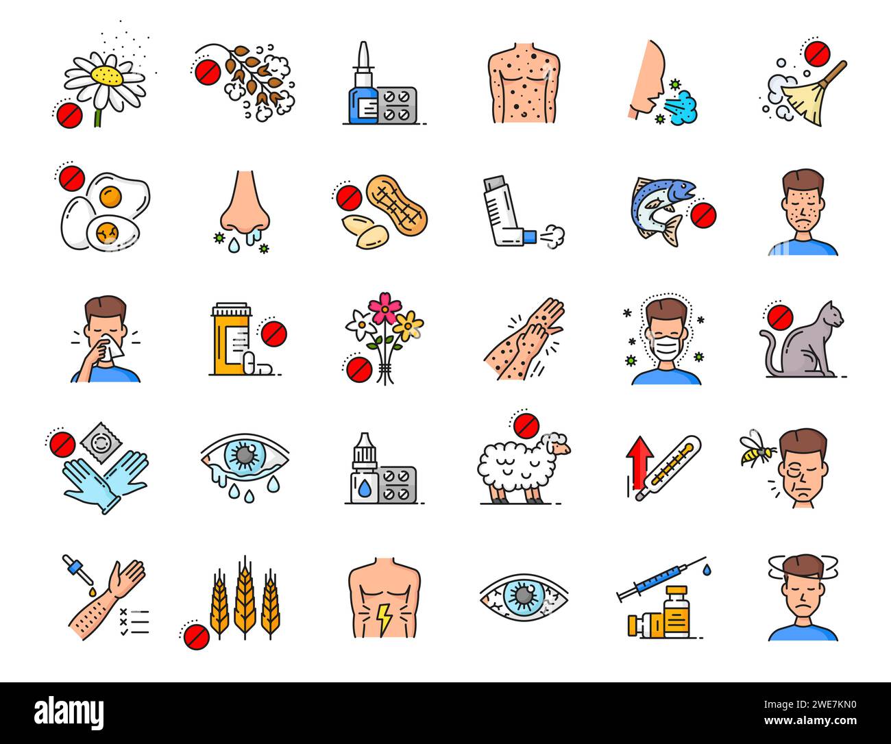 Allergy color line icons, asthma, fever and rhinitis allergic symptoms