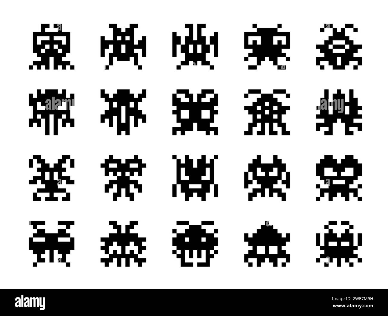 Pixel monsters, arcade game characters. Retro gaming square pixel