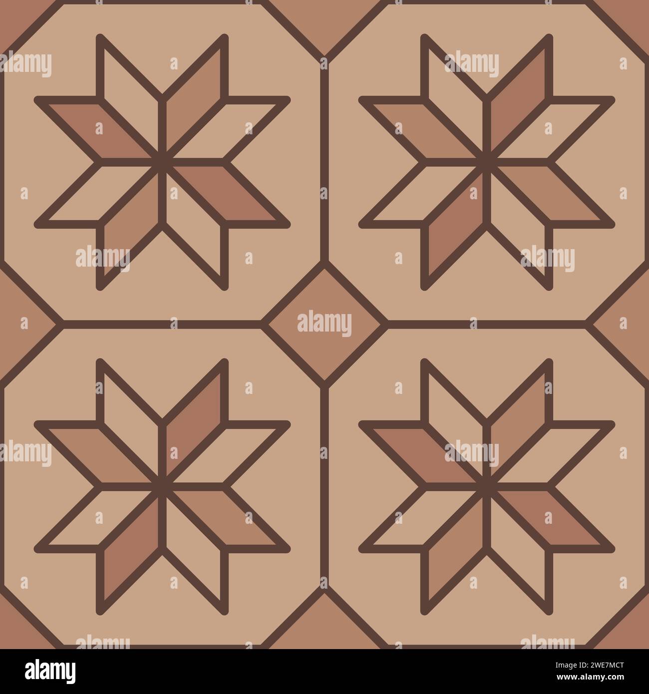 Brown pavement top view pattern, street cobblestone, garden sidewalk tile surface with contrasting hues. Vector laminate flooring, alley path, ground layout with decorative stars or flowers inlay Stock Vector