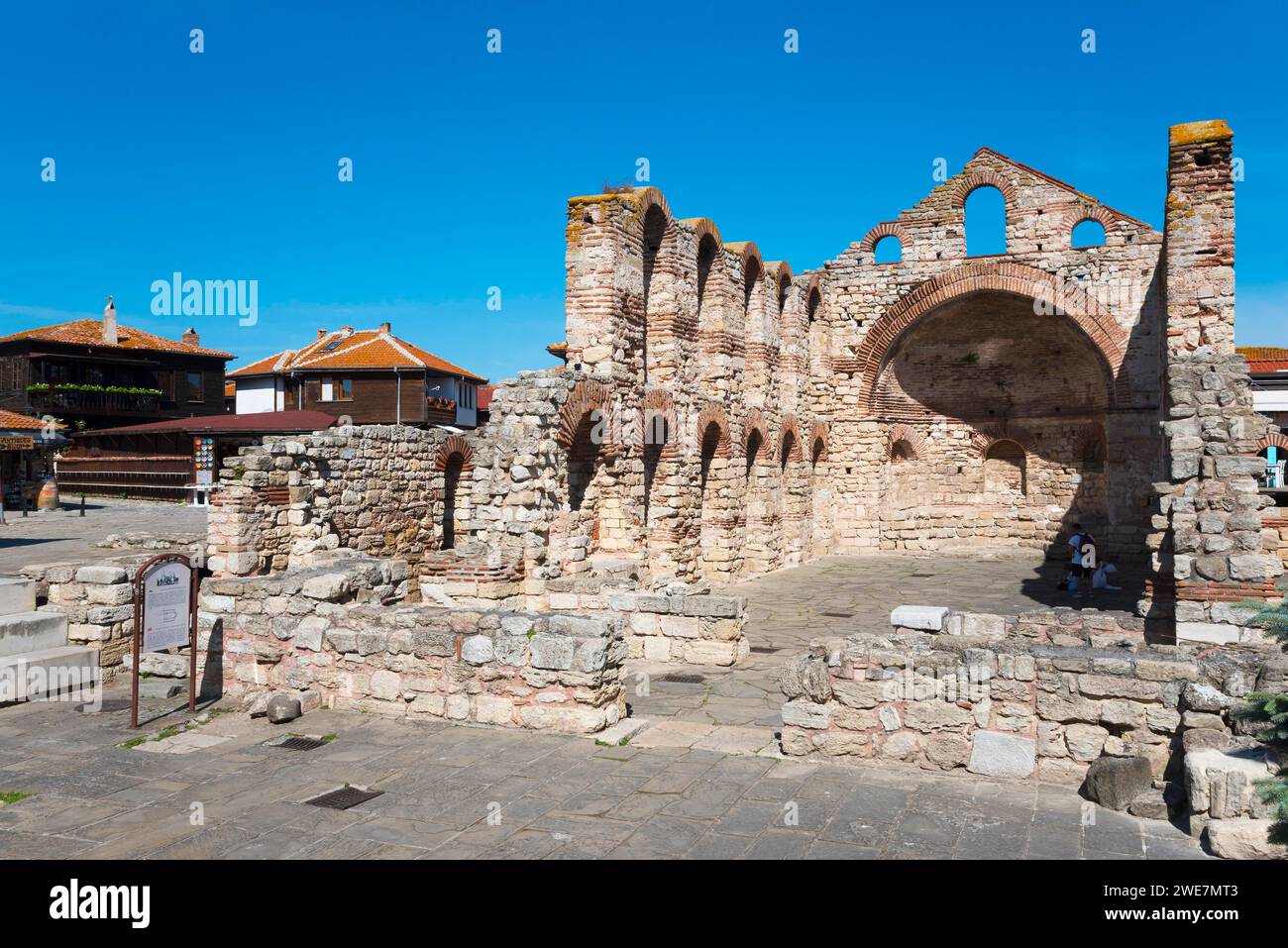 Ruins of a historic building with arched structure and exposed brickwork, Church of St Sophia, Church of St Sophia, Unesco World Heritage Site, Black Stock Photo
