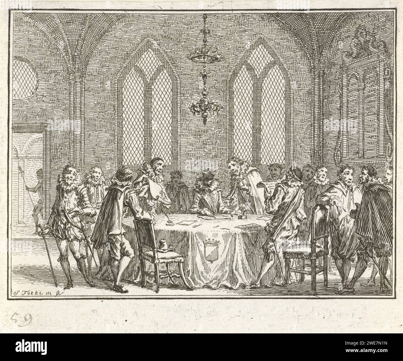 Closing the Union of Utrecht, 1579, Simon Fokke, 1782 - 1784 print Closing the Union of Utrecht. View of interior with a group of men around a table, January 23, 1579. Northern Netherlands paper etching alliance, league, union, foedus Stock Photo