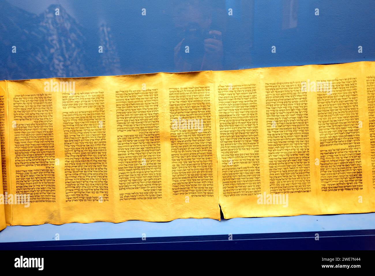 An ancient biblical Hebrew scroll displayed in the museum at the Palazzo dei Normanni in Palermo, Sicily, Italy. Stock Photo