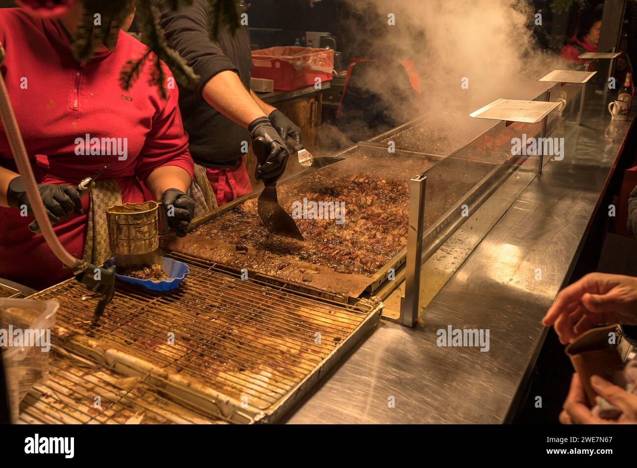 Shashlik stand at the Christkindlesmarkt, Nuremberg, Middle Franconia, Bavaria, Germany Stock Photo