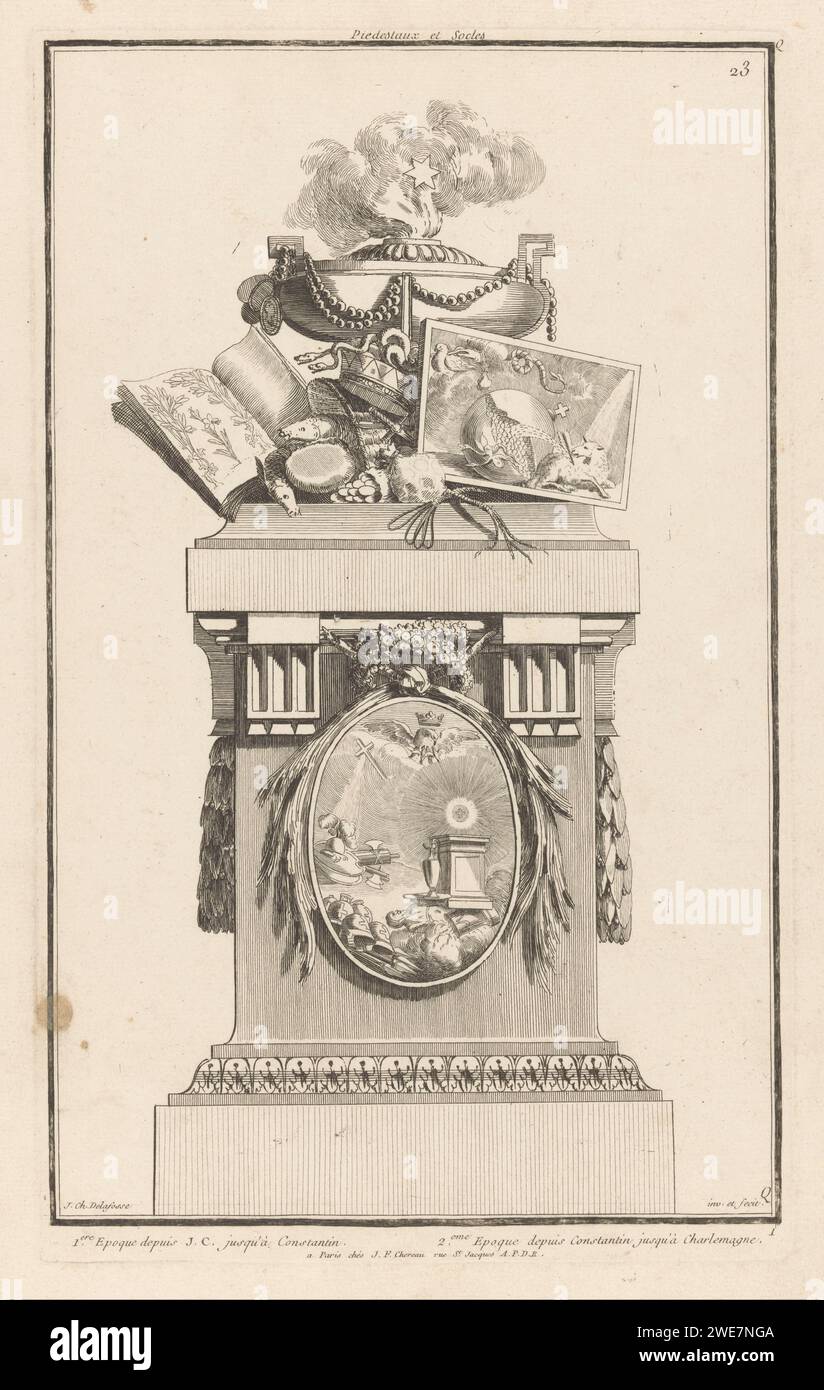 Jesus Christ, Constantijn and Charlemagne, Jean Charles Delafosse, 1768 - 1771 print A pedestal with an oval medallion with helmets, weapons, a pedestal, a cross and an eagle with a crown. On the pedestal are a book, fish, snakes, a crown, a smoking vessel and a list of a globe and a lamb. Print number 23. Paris paper etching / engraving pedestal of a piece of sculpture (perhaps in the form of a herm). Christ Stock Photo
