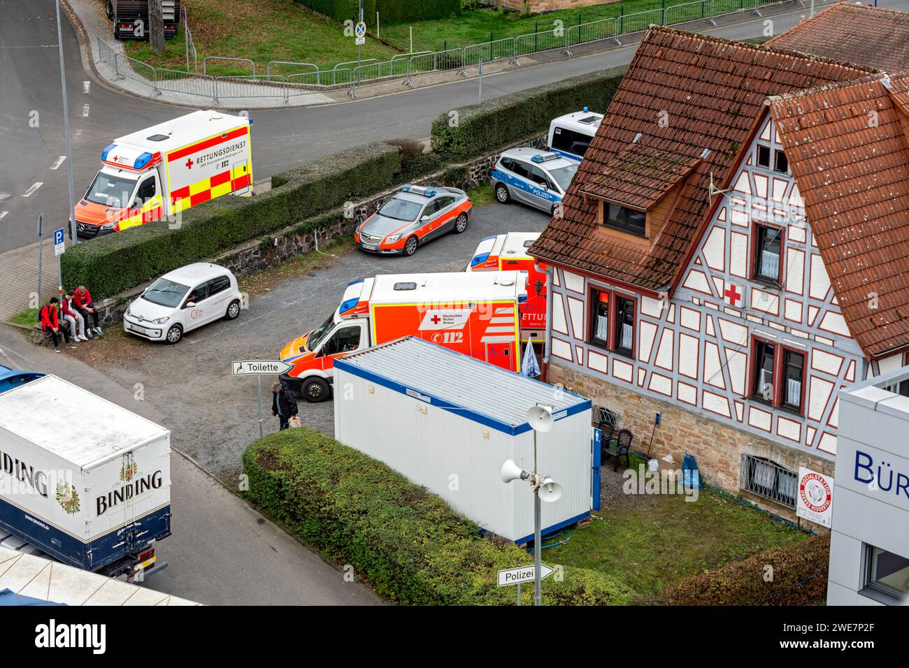 Ambulance, German Red Cross, paramedic, emergency doctor on standby at the Kalter Markt public festival, Upper Niddertal social centre at the Stock Photo