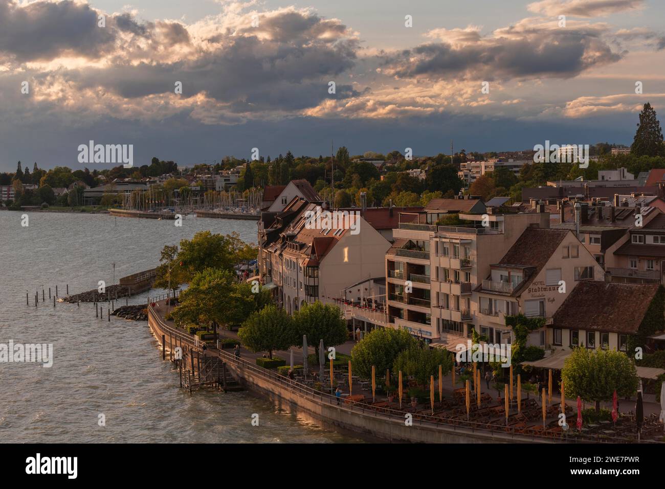 Cityscape, waterfront promenade, marina, evening light, Friedrichshafen on Lake Constance Baden-Wuerttemberg, Germany Stock Photo