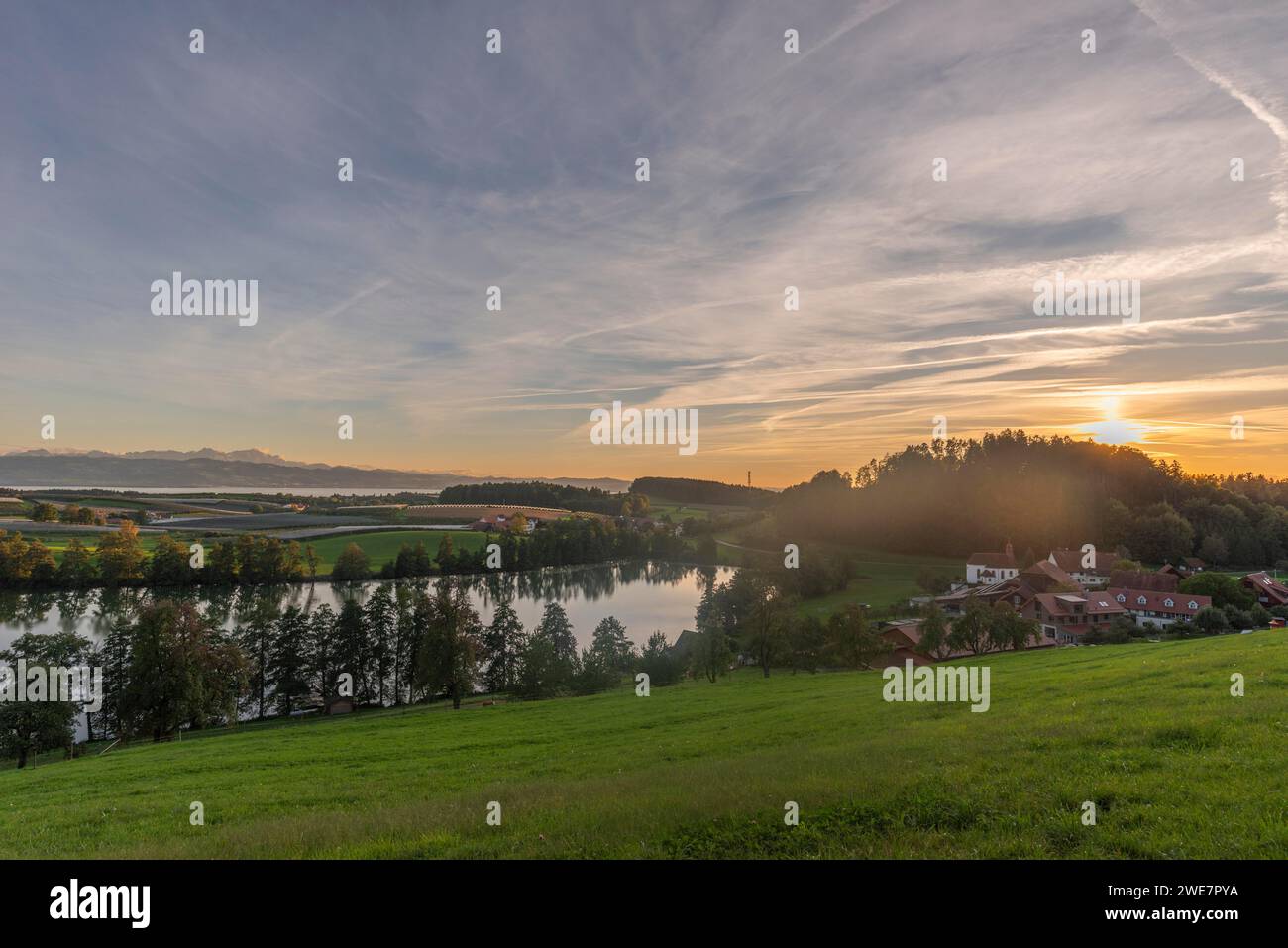 Kressbronn am Lake Constance, district Nitzenweiler, Schleinsee, water reflection, fruit cultivation, alpine view, row of trees, evening mood Stock Photo