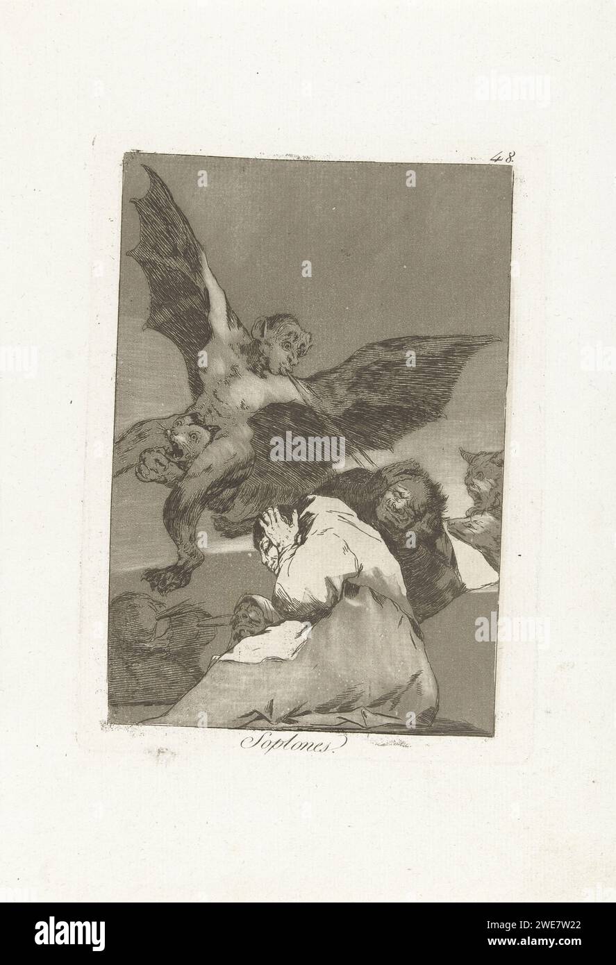 OORORBLAZERS, FRANCISCO DE GOYA, 1797 - 1799 print A devilish figure with wings blows to three monks. These cover their ears. Forty -eight prints in the Los Caprichos series. Spain paper etching devil(s) and demons. monk(s), friar(s) Stock Photo