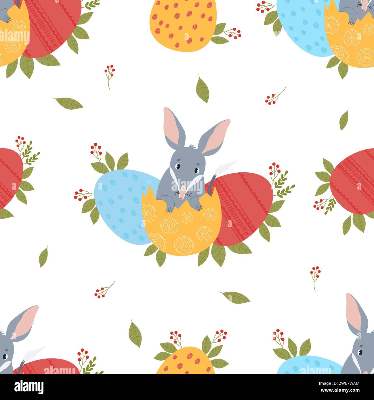 Easter Seamless pattern. Cute Australian animal bilby with Easter eggs on white background. Vector illustration for design, wallpaper, packaging, text Stock Vector