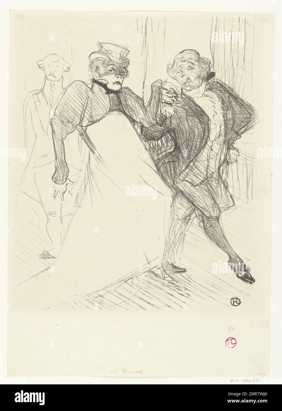 Portret van actors Gabrielle rejane en Felix Galipaux in Toneelstuk Madame Sans-Gêne, Henri de Toulouse-Lautrec, 1893 print In her role as mother-in-law, actress Gabrielle Rejane receives dance class from actuer Felix Galipaux in the play Madame Sans-Gêne. Paris paper  actor (on the stage) Stock Photo