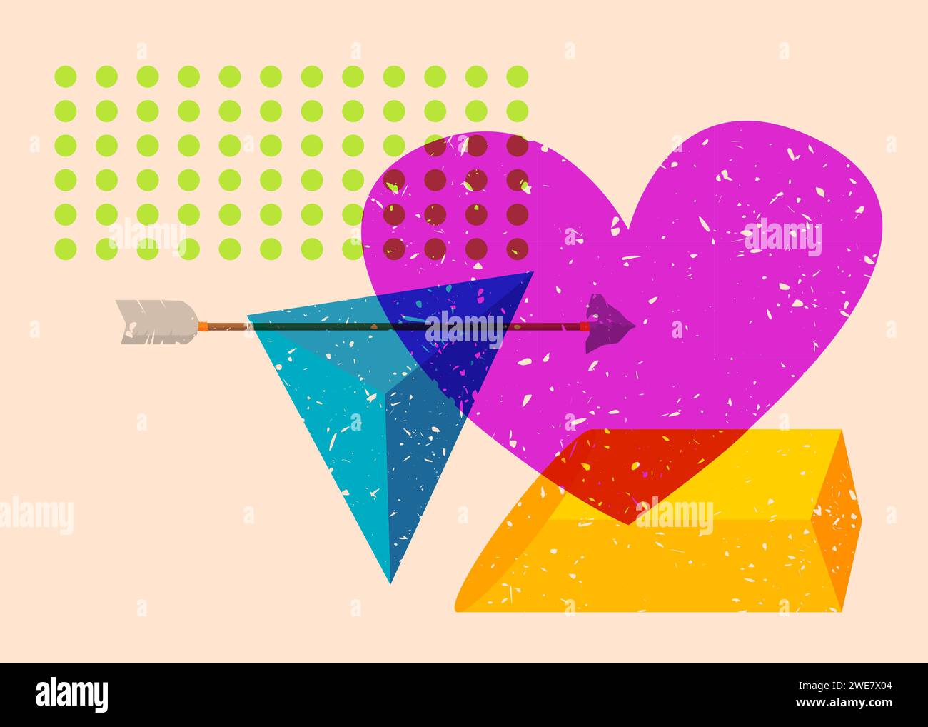 Risograph Heart and Arrow with geometric shapes. Love Symbol in trendy ...