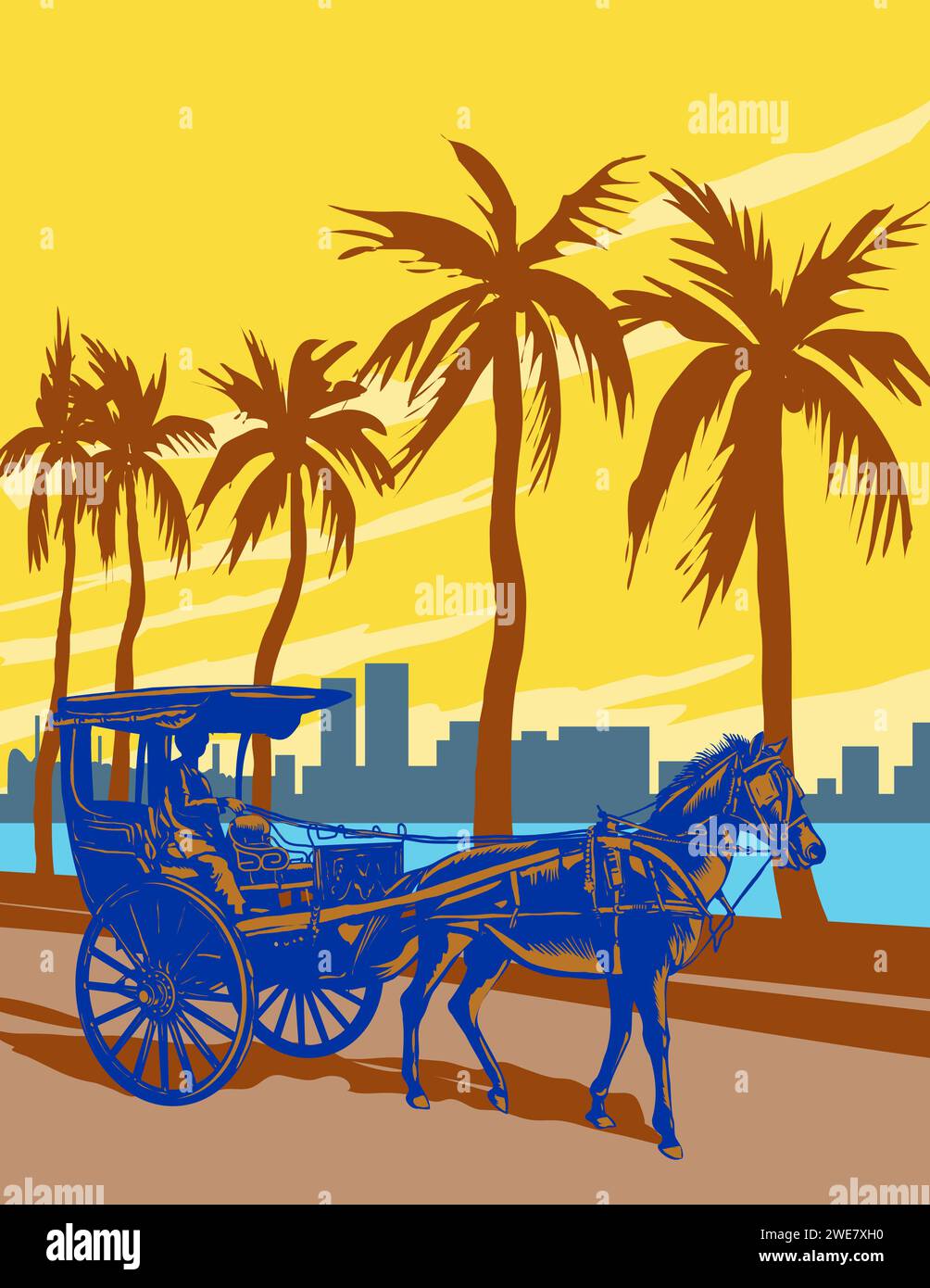 Art Deco or WPA poster art of a kalesa or calesa, a two-wheeled horse ...