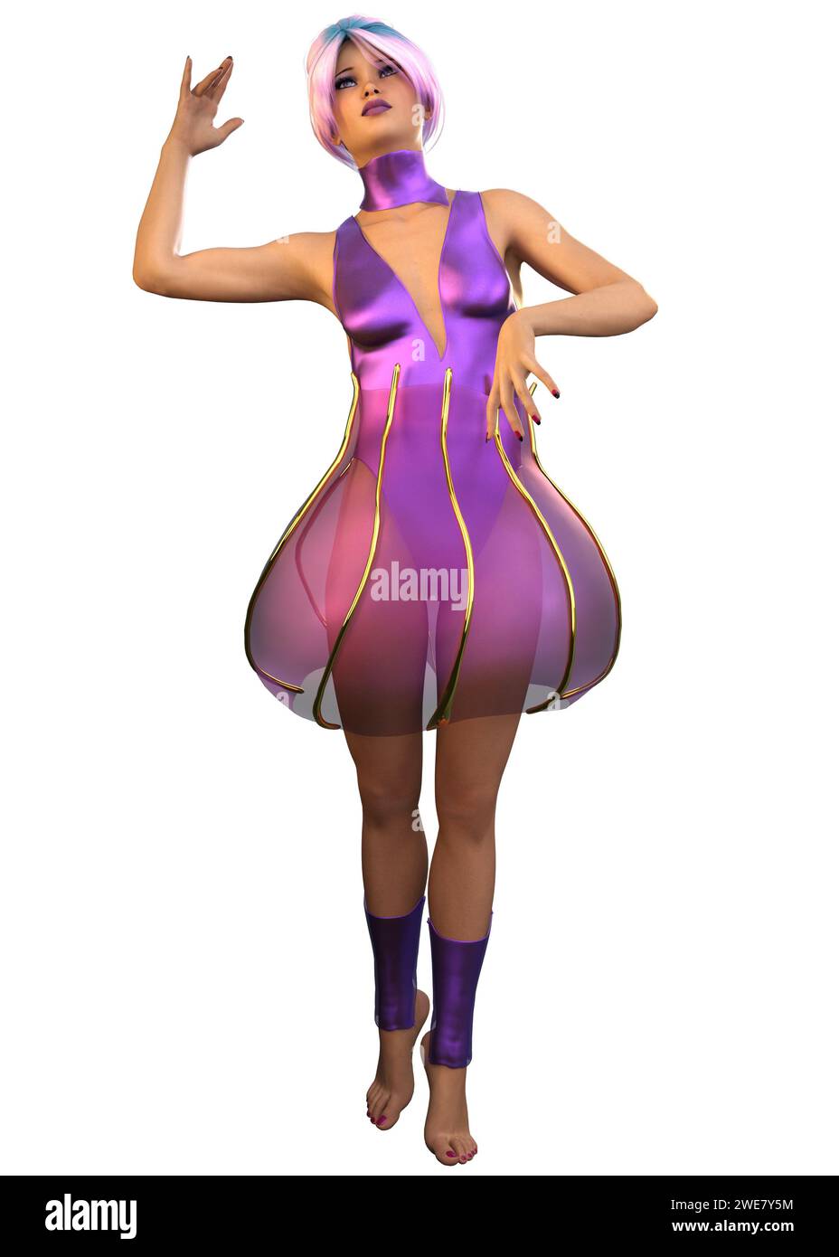 Fantasy girl dancing in purple outfit, 3D Illustration. Stock Photo
