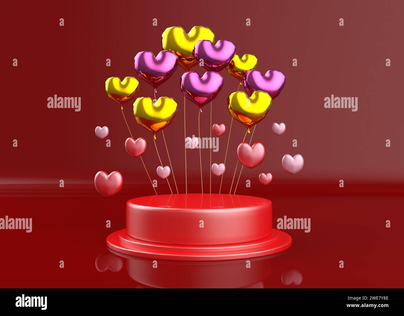 Decorative red pedestal with gold and pink heart shaped balloons, 3d Illustration. Stock Photo