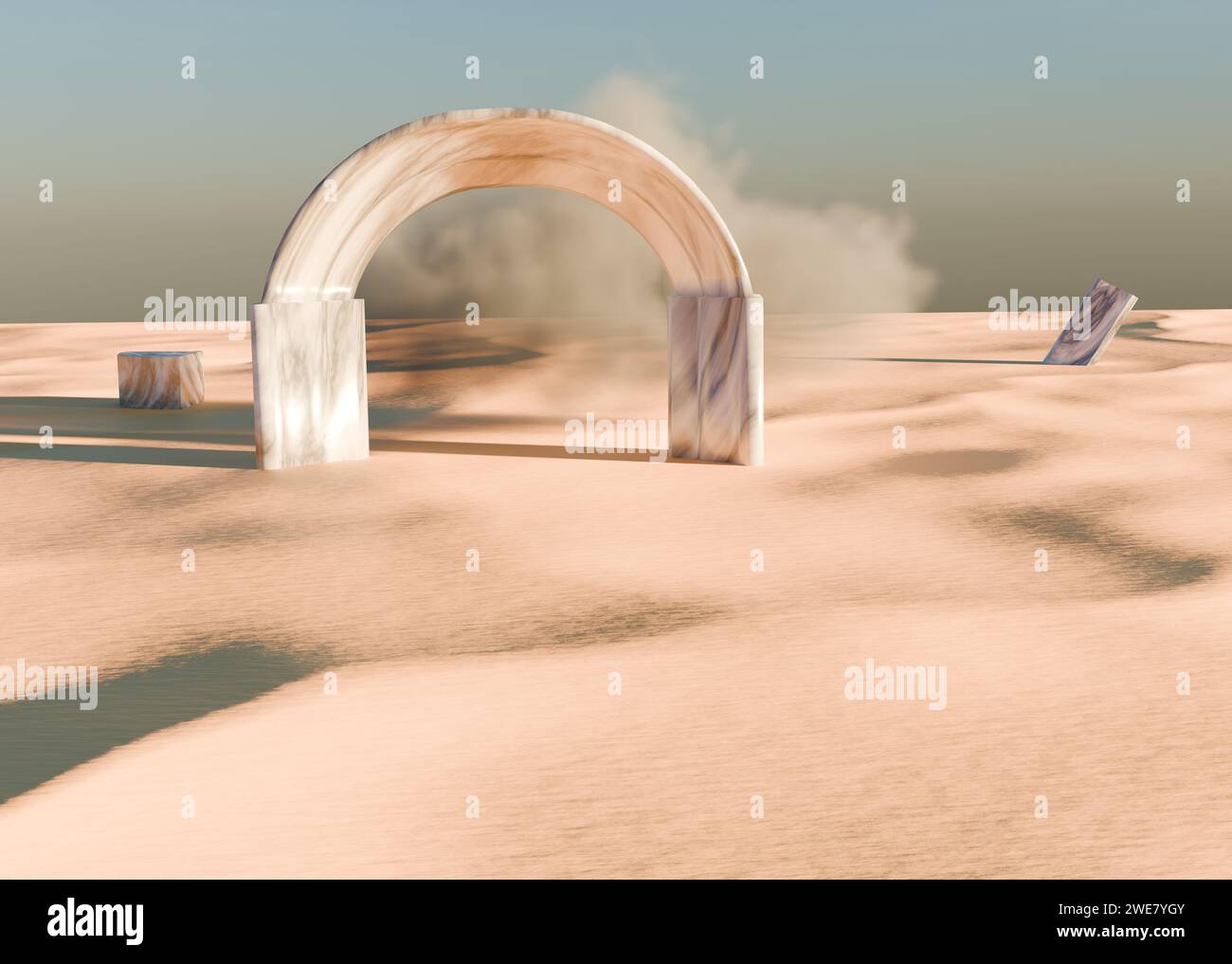 Abstract sandy desert dunes and marble arch landscape, 3D Illustration. Stock Photo