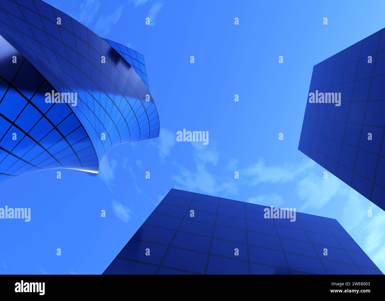 Blue glass skyscrapers over blue sky, 3D Illustration. Stock Photo