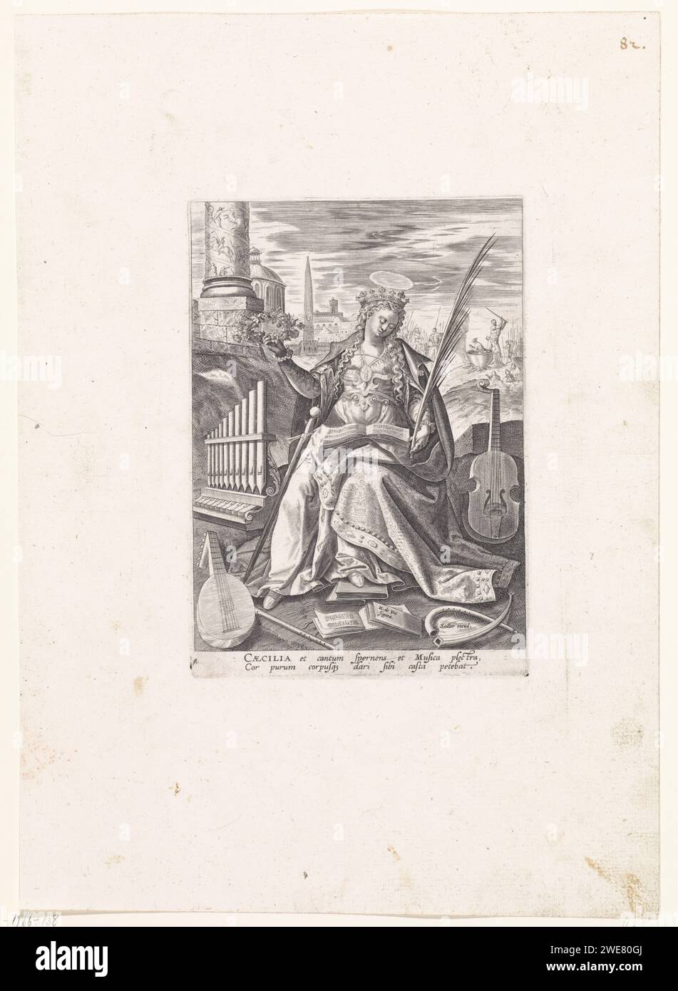 Saint Caecilia, Johann Sadeler (I), After Maerten de Vos, 1583 - 1587 print The crowned H. Caecilia, sitting with palm branch in hand, a music book on the lap. Several musical instruments around her: portative, lute, flute, Kromhoorn, Viola da Gamba and two music books. In the background on the right the beheading of the Heillige. The sixth print of a seventeen -part series with female saints. Germany paper engraving St. Cecilia as patroness of music. 'Castità ', 'Pudicitia', 'Vergogna honesta' (Ripa). organ. flute, aulos, tibia. lyre, cithara, psaltery. other wind instruments (with NAME). vio Stock Photo