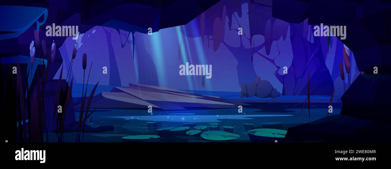 View from inside cave on dark night forest with swamp under moon light. Cartoon dusk landscape with water lily on lake surface, tree trunks on shore and moonlight beams. Exit hole from cavern. Stock Vector