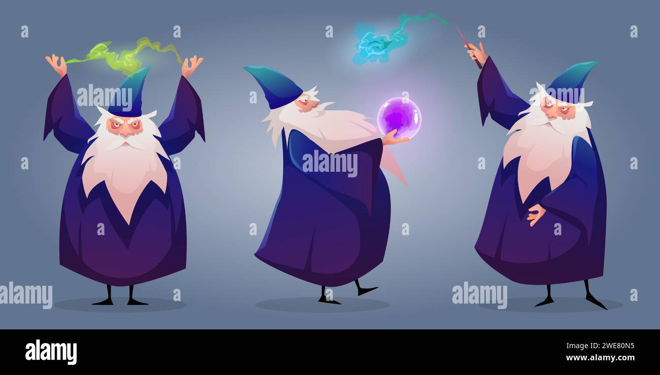Old wizard character working magic isolated on background. Vector cartoon illustration of senior man with long gray beard, wearing cloak, wand and fortunetelling ball in hands, wise wrinkled face Stock Vector