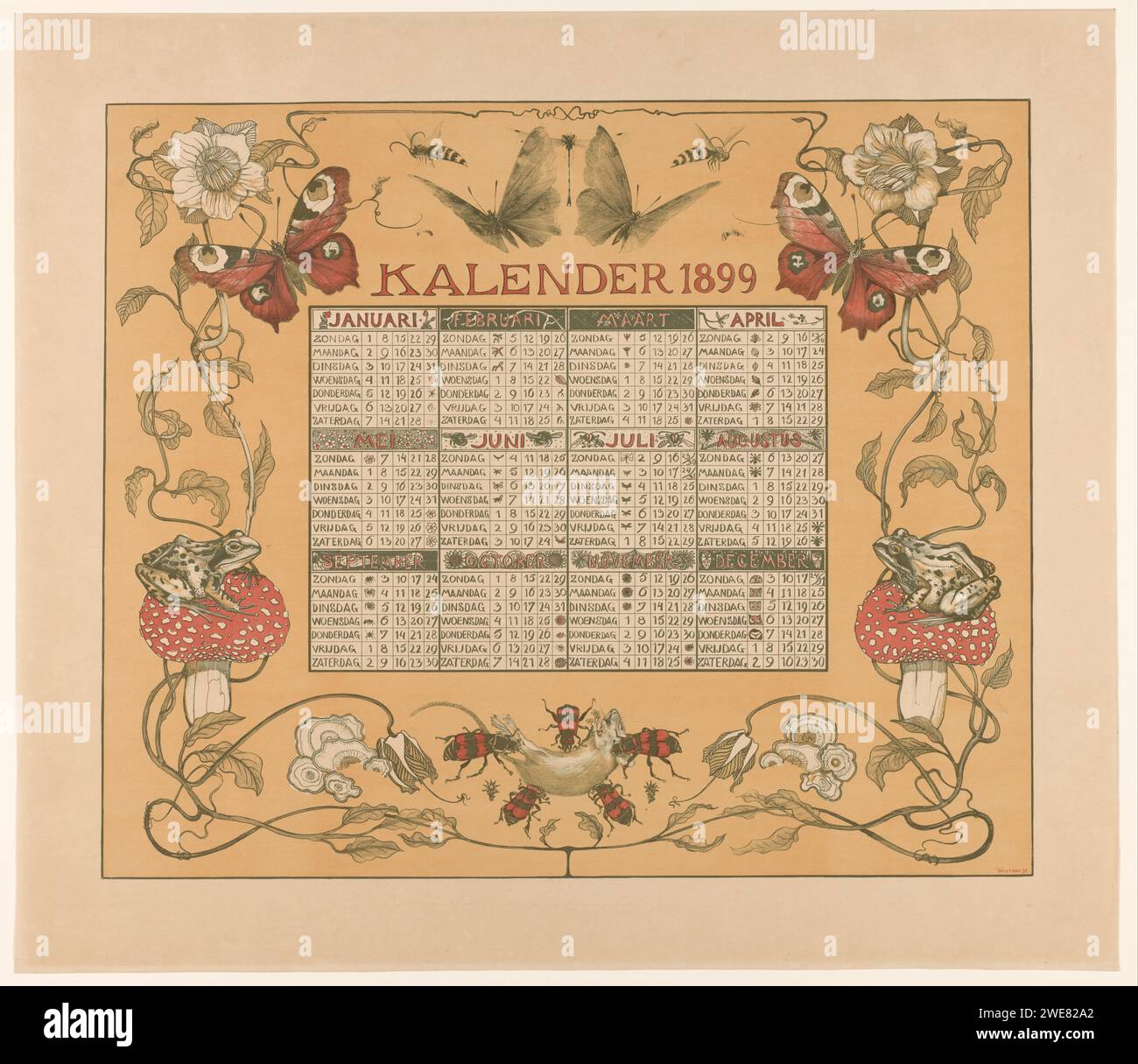 Calendar of the year 1899, with flowers, insects and frogs, Theo van ...