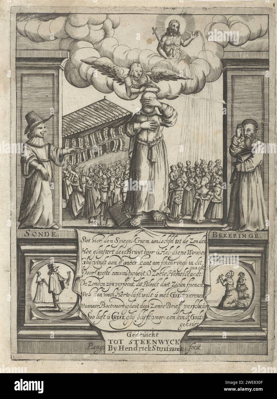 Forgiveness of sins, P. Langweer, 1662 print A figure in a duck has ...