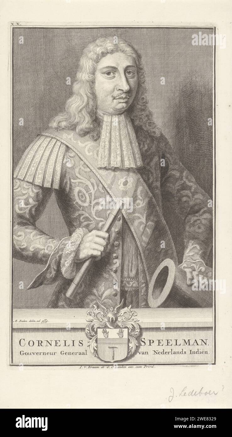 Portrait of Cornelis Jansz Speelman, Isaac Ledeboer, After Matthijs Balen (1684-1766), 1702 - 1749 print Portrait Ten Halves to the right of Cornelis Jansz Speelman, Governor General of the Dutch East Indies, Barefoot. In his right hand a commandosta, his left hand rests on a cannon. Under the portrait are the name, title and coat of arms of the portrayed person. Print on the top left marked: X.X.  paper engraving Stock Photo