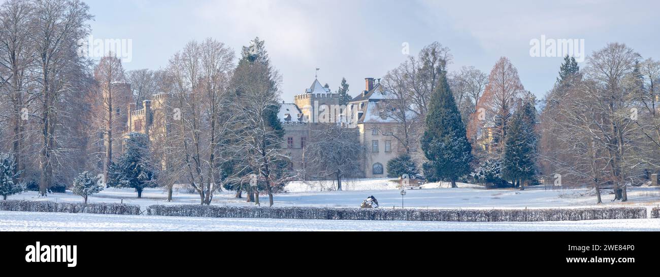 Hunting lodge Herdingen in Sauerland at winter time, panorama picture, snow Stock Photo