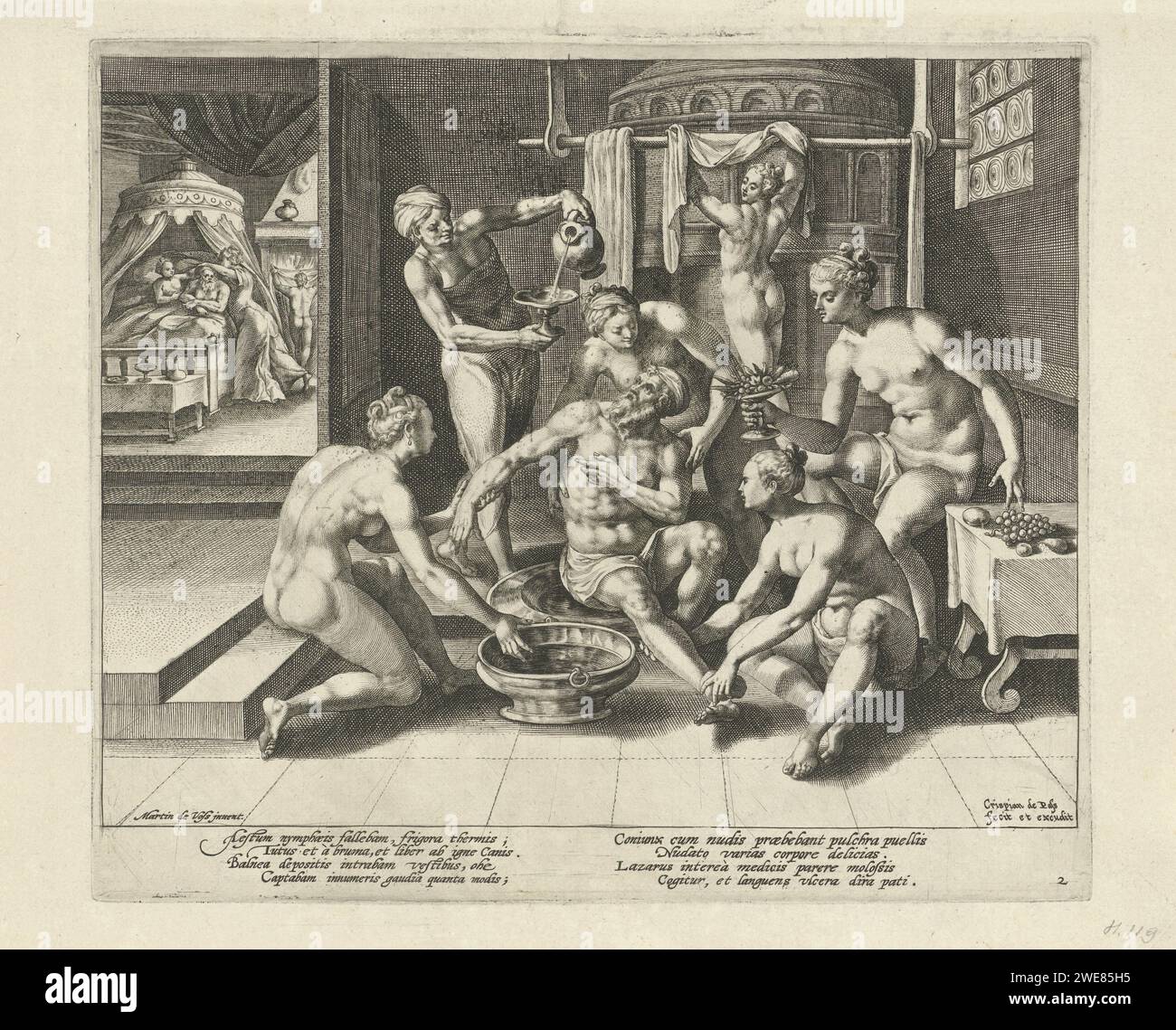 The rich man in the bath, Crispijn van de Passe (I), After Maerten de Vos, 1589 - 1611 print Depart with the rich man who is bathed. He is surrounded by women who help him bathe. He is put in bed in the background. Print from a series of four with the parable of the rich man and the poor Lazarus. Cologne paper engraving the rich man (Dives) is feasting, while poor Lazarus is starving at the gate (dogs licking Lazarus' sores) (Luke 16:19-31). taking a bath Stock Photo