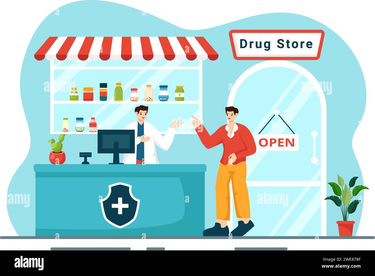 Drug Store Vector Illustration with Shop for the Sale of Drugs, a
