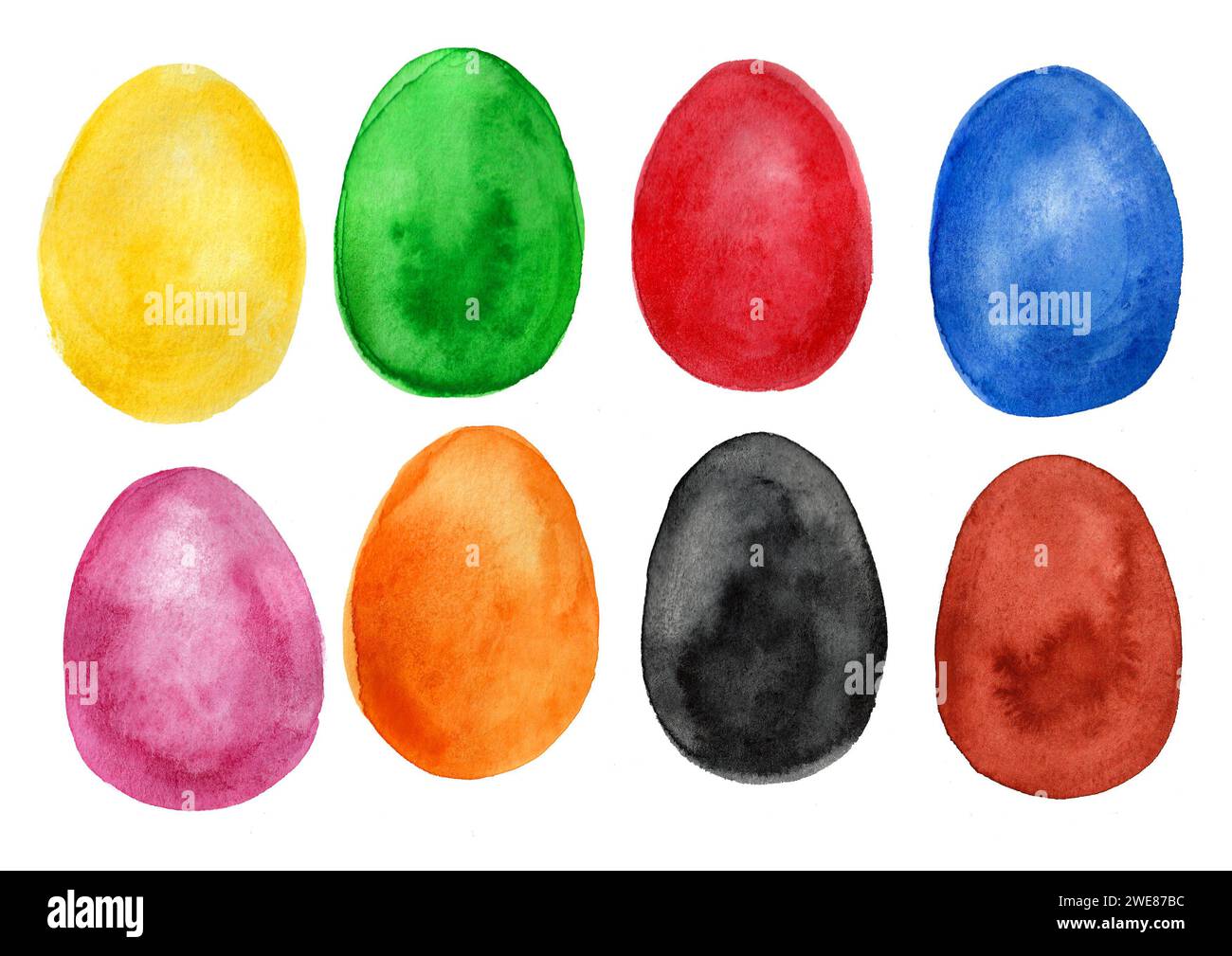 Set of multicolored ellipses isolated on white background. Watercolor. Easter eggs. Different shades, watercolor blur. Stock Photo