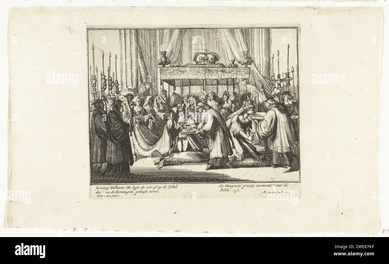 William III takes the oath during the coronation, 1689, Pieter Pickaert, 1689 print During the Coronation Ceremony, Willem III takes the oath on the Bible, Maria Kust de Bible, April 21, 1689. Part of the 'Engelants Schouwtoneel' series about the Glorious Revolution 1688-1689 (second part). With captions in Dutch and French. Amsterdam paper etching coronation of a ruler. new ruler taking the oath Westminster Abbey Stock Photo
