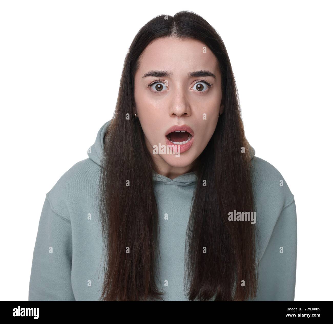 Portrait of surprised young woman on white background Stock Photo - Alamy