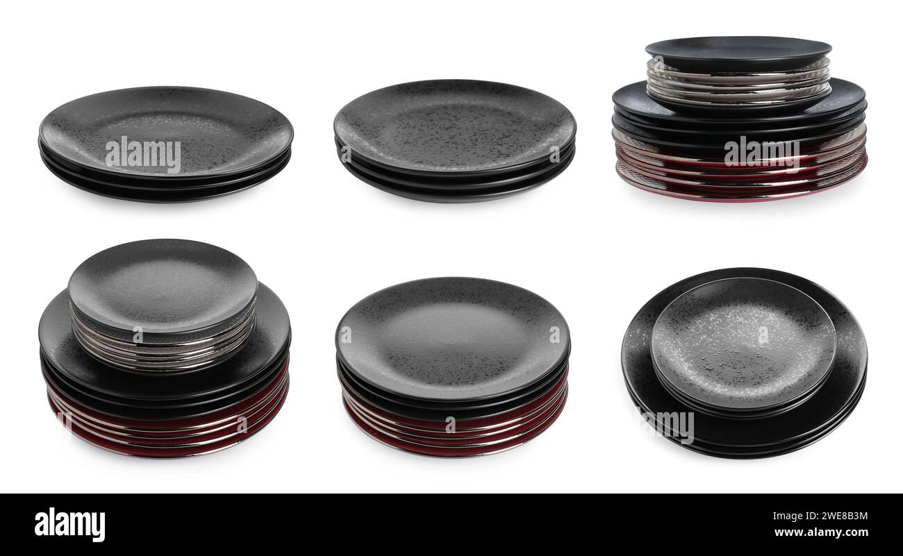 Stacks of black ceramic plates isolated on white, set Stock Photo - Alamy