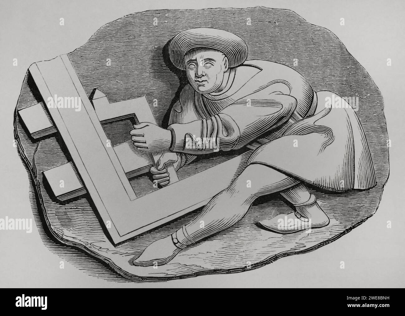 Carpenter's apprentice working with a large square. Engraving after one