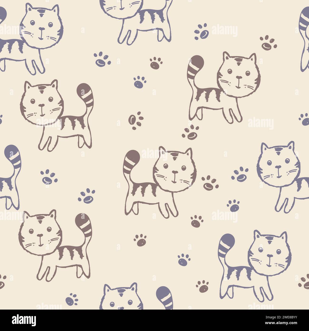 Seamless pattern with cute kitten print. Different scandy cats on color ...