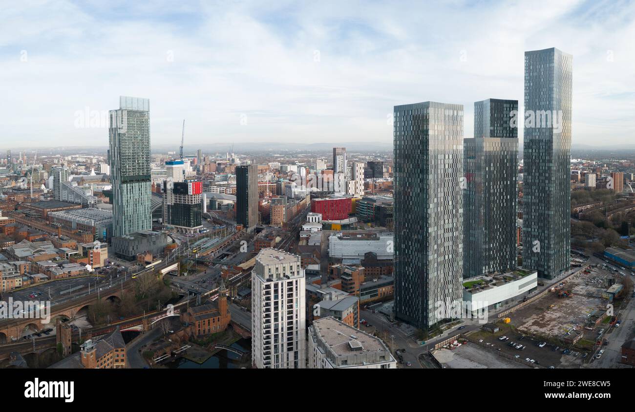 Panoramic aerial image in Manchester, UK looking towards Castlefield, Deansgate Square, Beetham Tower and Manchester city centre Stock Photo