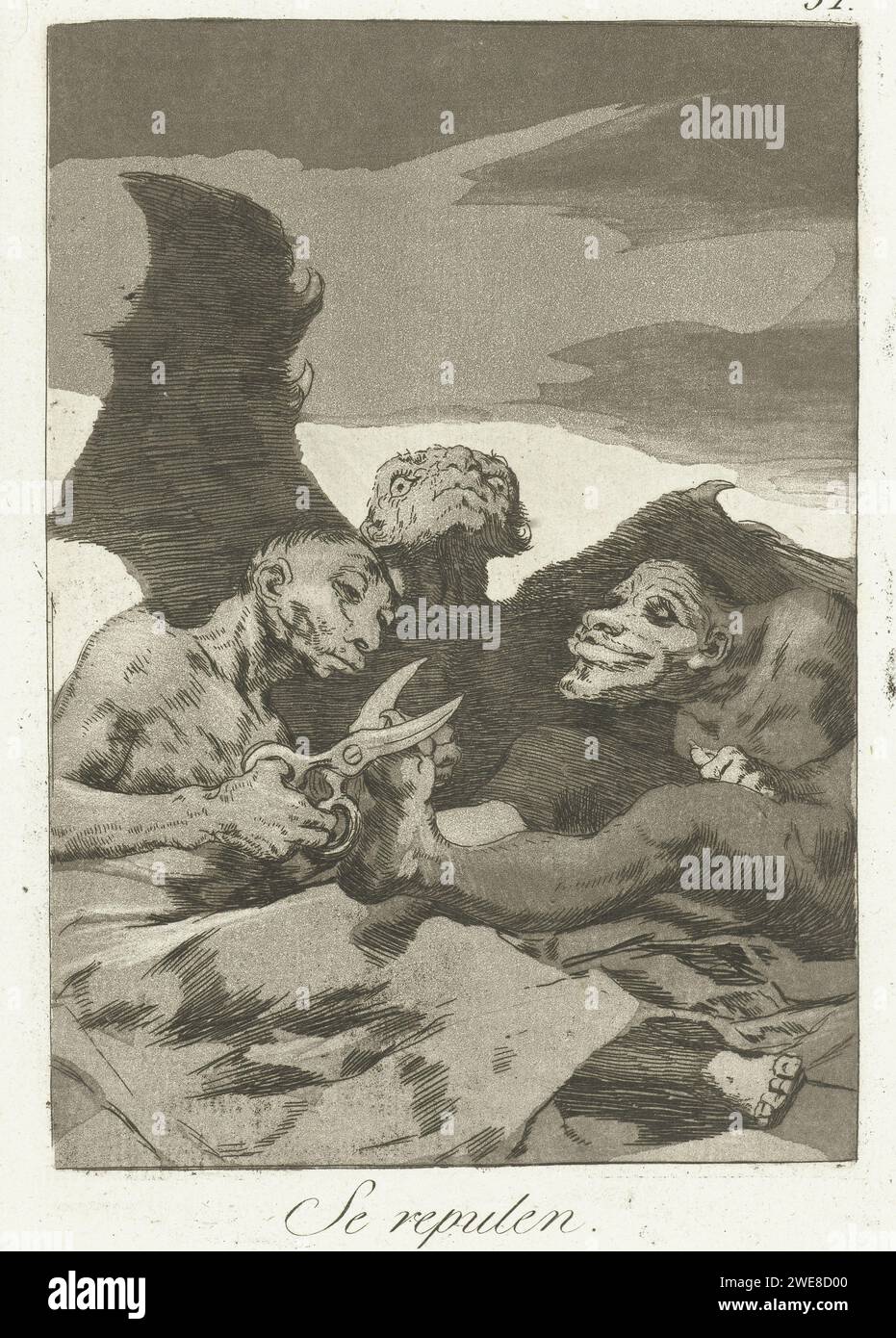 They are recovering, Francisco de Goya, 1797 - 1799 print Three diabolical figures. One cuts the toenail of another with a large scissor. A fifty fist from the Los Caprichos series. Spain paper etching devil(s) and demons. nails (toes) Stock Photo
