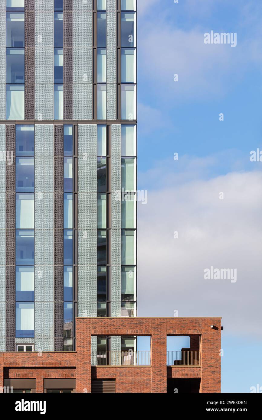 Close up of the lower floors of the Cortland residential tower, part of the wider Greengates development in Salford, UK Stock Photo