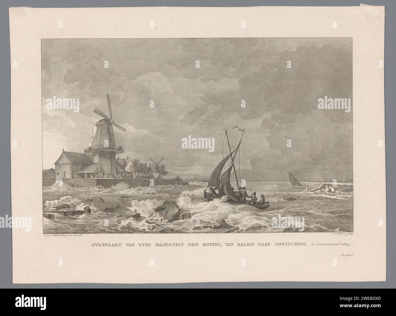 Napolean With Windmill Lodewijk Napoleon sails from Dalem to Gorinchem, 1809, Reinier Vinkeles ...