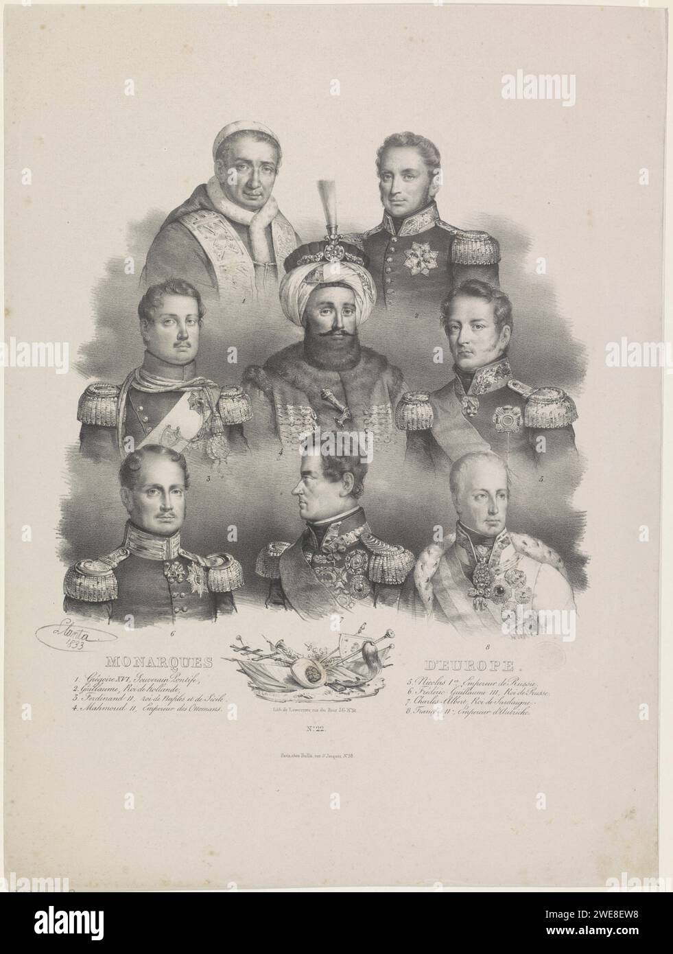 Portraits of eight princes of Europe, Jacques François Gauderique Llanta, 1833 print Portraits of Pope Gregorius XVI, William I (King of the Netherlands), Ferdinand II (King of both Siciliën), Mahmut II (Sultan of the Ottoman Empire), Nicolaas I Pavlovich (tsar of Russia), Frederik Willem III (King of Prussia) , Karel Albert (King of Sardinia) and Frans II (Roman-German Emperor) .. At the bottom left and bottom right an explanatory list. print maker: Franceprinter: Parispublisher: Paris paper Stock Photo
