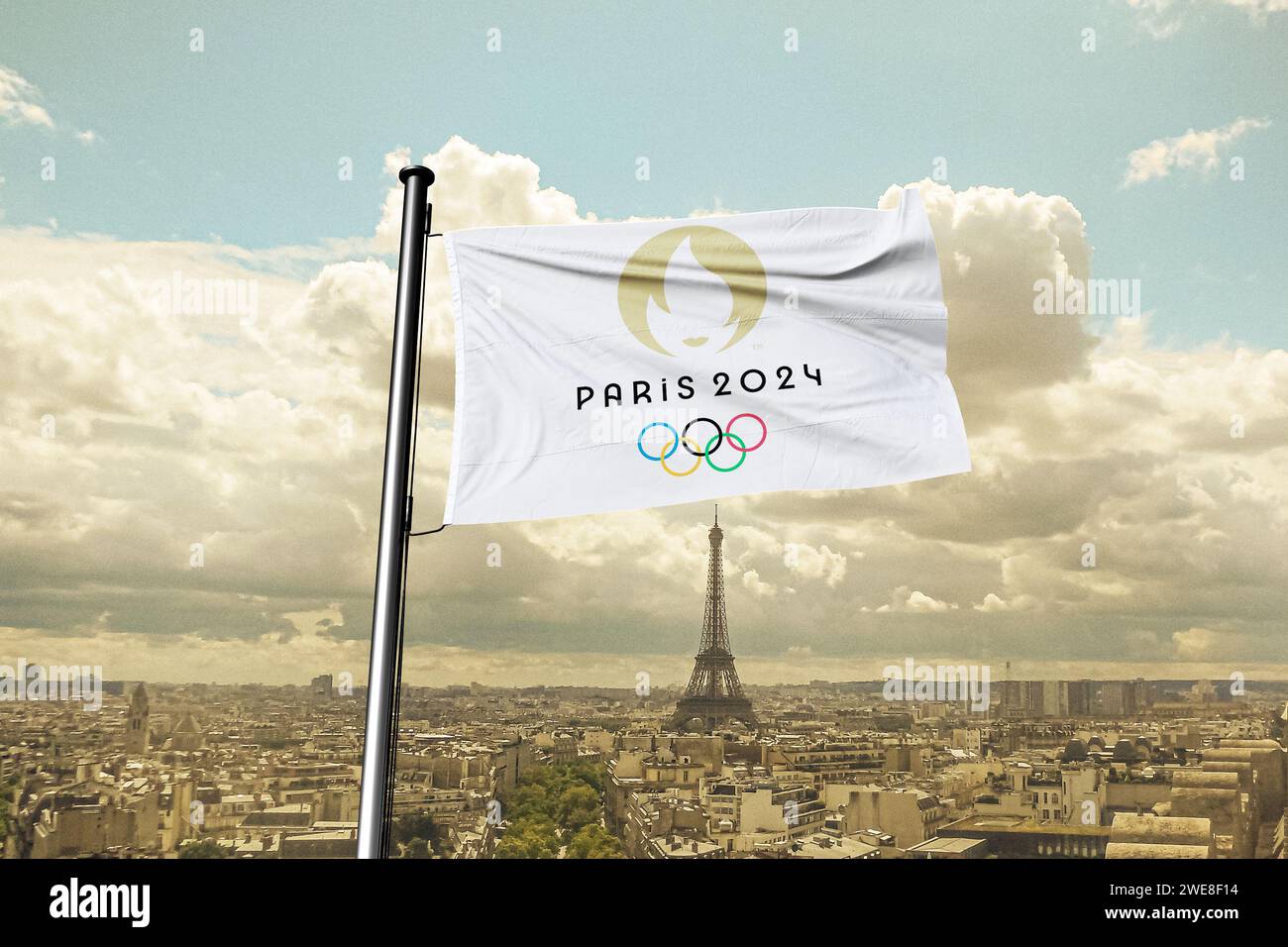 Top view of flag of french olympics games 2024 with grunge . Plane design, layout. official logo of SOG 2024 in Paris Stock Photo