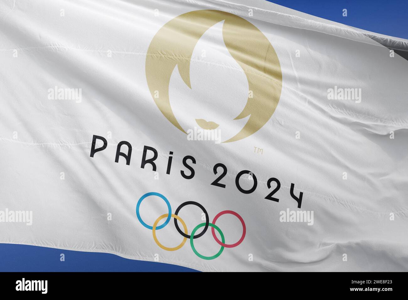 Top view of flag of french olympics games 2024 with grunge . Plane design, layout. official logo of SOG 2024 in Paris Stock Photo