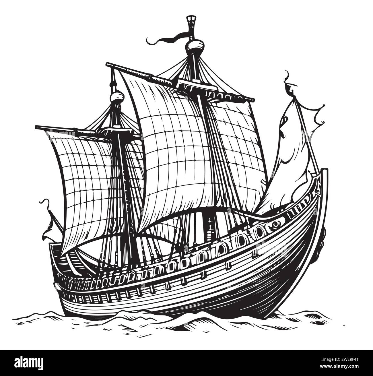Viking ship. Medieval military boat with sails Vintage Vector illustration Stock Vector