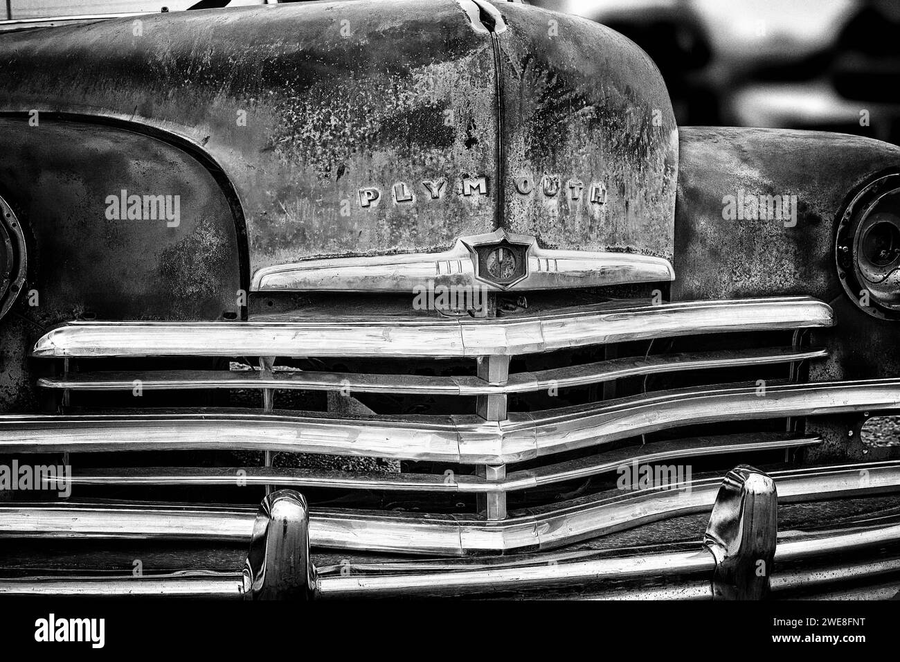 A closeup of an old Plymouth pickup truck in grayscale Stock Photo