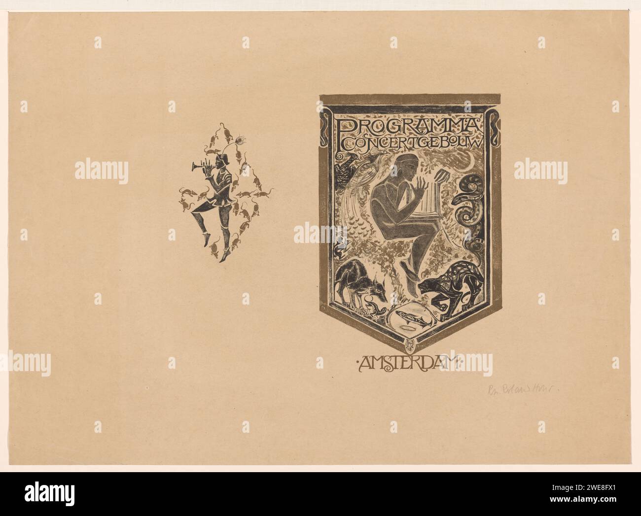 Cover design for: Program of the Concertgebouw Amsterdam, Richard Nicolaüs Roland Holst, 1918 print On the left the rat catcher of Hamelen who plays his flute. The rats that he thus attracts are placed in a diamond shape around him. On the right Orpheus who plays on his harp in the company of different animals.  paper  rat exterminator. musician. tales and fairy tales. Orpheus playing the lyre: trees and rocks move, beasts and birds are enchanted. animals Stock Photo
