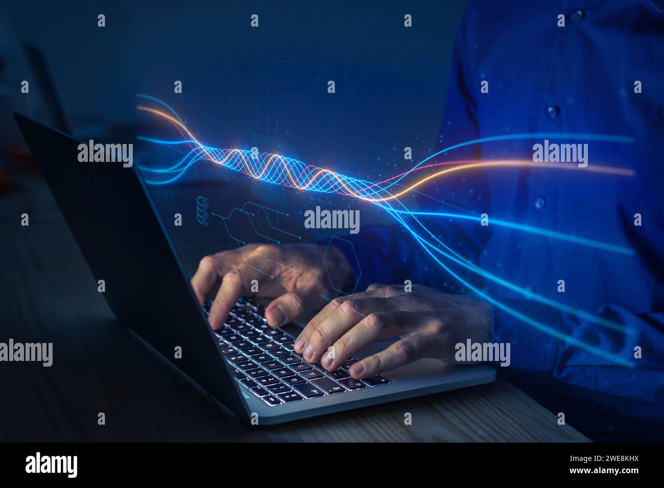 AI analyzing big data. Machine learning and deep learning technology. Data scientist working on data model on computer. Innovation, finance, business Stock Photo