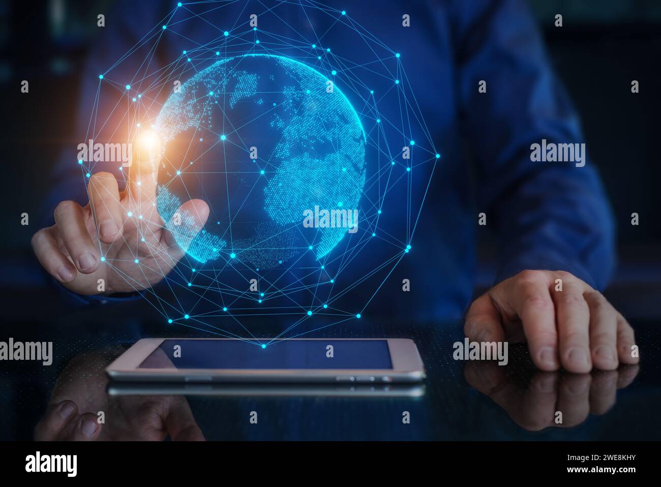 Communication technology for global network. Telecommunication satellite, high speed internet, ai, internet of things, international connection, finte Stock Photo