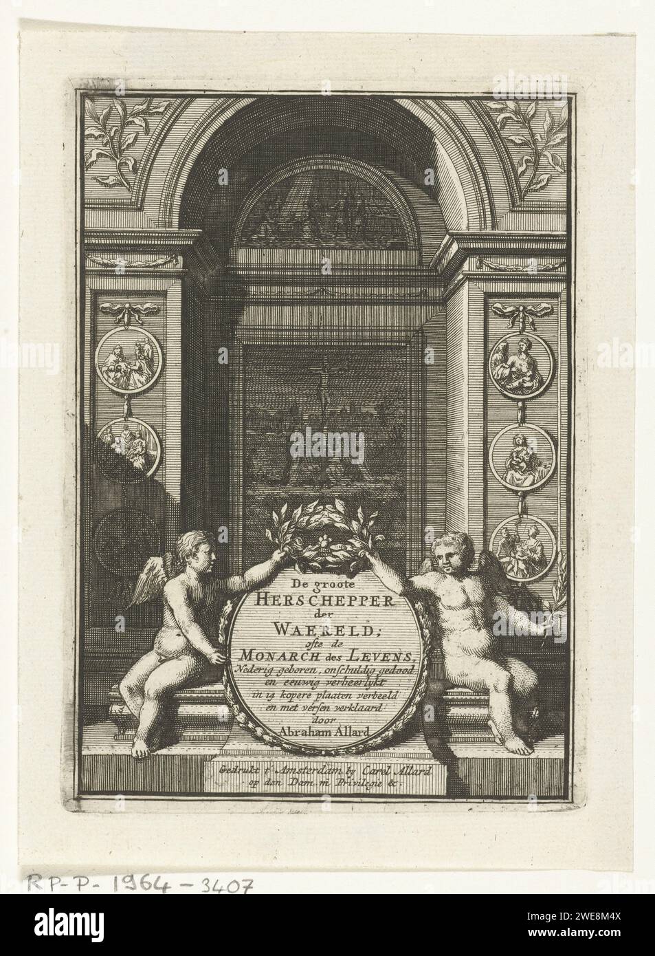 Title page for the Great Herinchepper der Waereld by Abraham Allard, Abraham Allard, c. 1700 - c. 1710 print Two putti hold a round plaque with the title of the book, above the plaque a laurel wreath. In the background an architectural niche with two images, one of the crucifixion and one of the worship of the shepherds. Three medallions with Christian performances on either side of the NIS. Amsterdam paper etching adoration of the Christ-child by the shepherds; Mary and Joseph present. crucified Christ with Mary, John, and Mary Magdalene Stock Photo