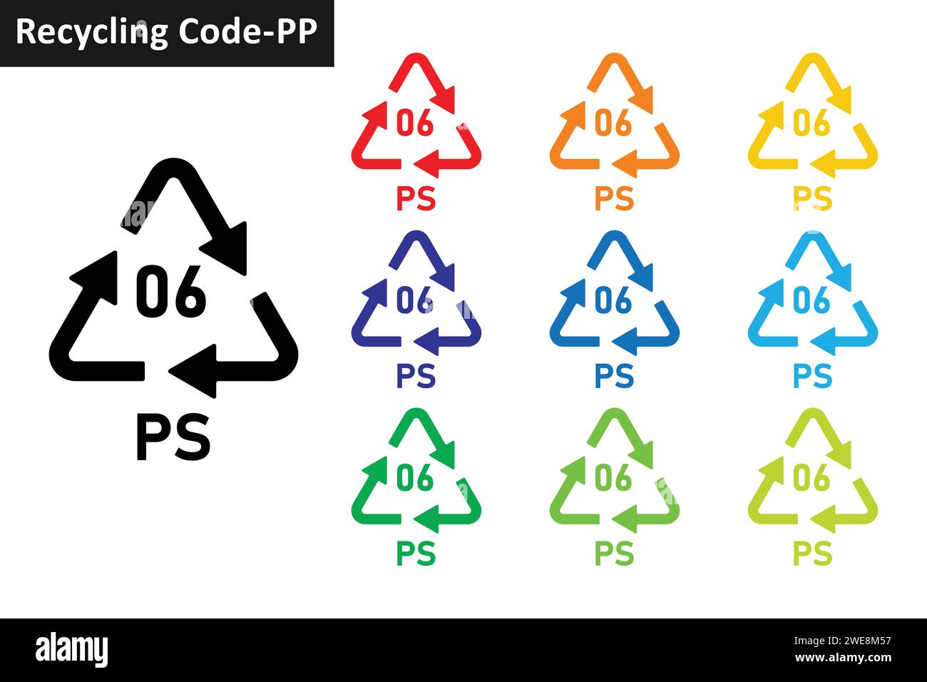 PS plastic recycling code icon set. Plastic recycling symbol 06 PS. Plastic recycling code 06 icon collection in ten different colors. Stock Vector